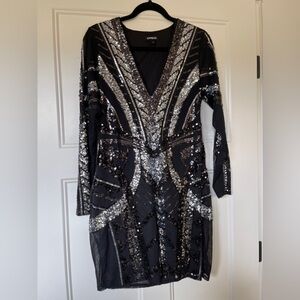 Bebe Black and Silver Sequined Lace Mesh V-Neck Dress
